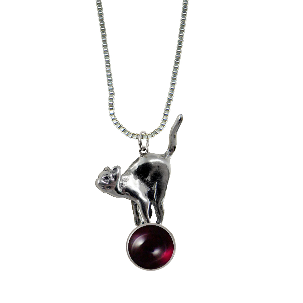 Sterling Silver Playful Kitty Cat About To Jump Pendant With Garnet